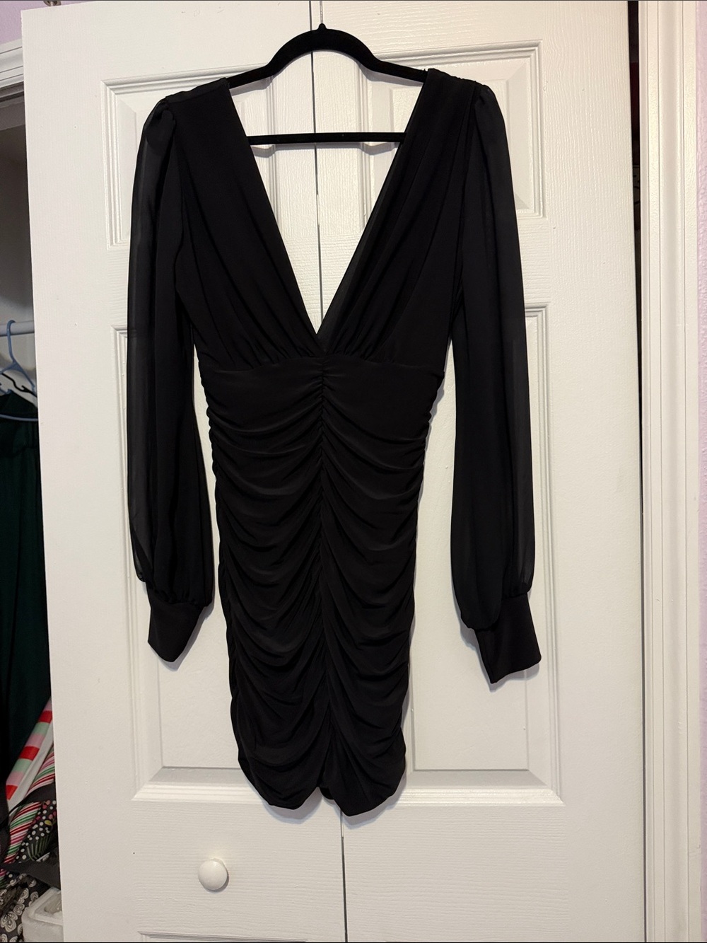 Windsor Black Deep V Ruched Long Sleeve Mini Dress